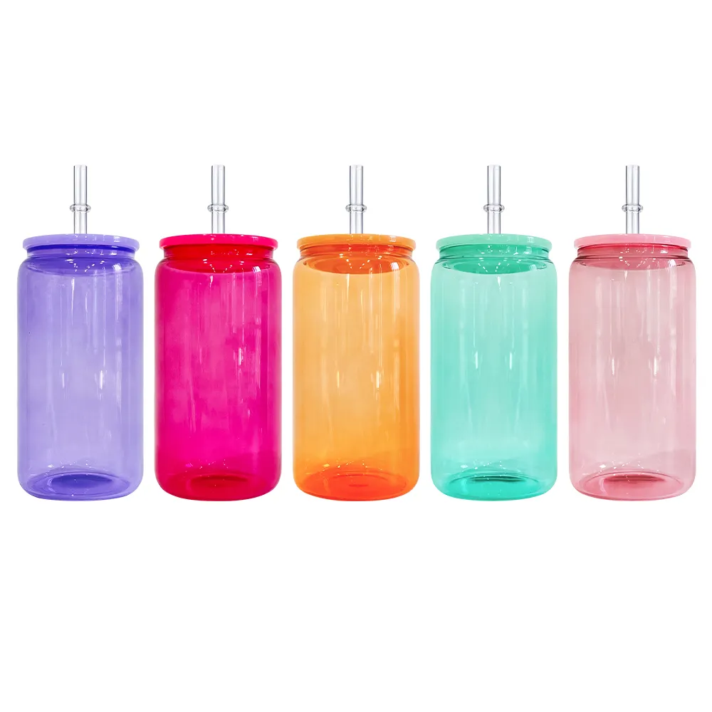 Em Estoque Colorido 16oz Beer Soda Glass Can com Tampas Plásticas EUA Armazém Colorido Transparente Glass Can Shaped Drink Ware