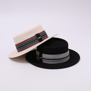 Premium Pure Wool Felt <strong>Hat</strong> Women British Retro Jacquard Band Flat Top Soft Tweed Autumn <strong>Winter</strong> European Fashion - Product Image 4