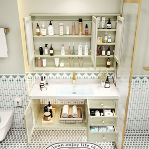 French-style Cream-Finish Ceramic One-Piece Basin with Smart Mirror and Oak <b>Bathroom</b> <b>Vanity</b> - Product Image 6