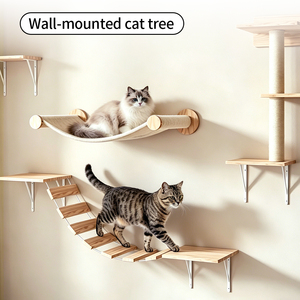 Ensemble d'ameublement mural de luxe personnalisé pour chat, en bois massif, avec arbre à chat, marches, hamac, perchoir, grande tour d'escalade et aire de jeu intérieure - Product Image 1