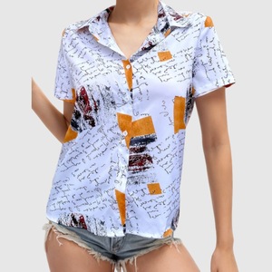 E0103TA08 Camisas de mujer con botones <span class=keywords><strong>y</strong></span> cuello alto con estampado de letras - Product Image 2