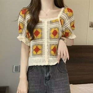 Cárdigan de punto vintage con cordones y manga corta para mujer, top corto con cuello en contraste, a la moda - Product Image 4