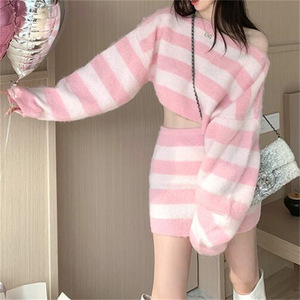 Mode Dame Herfst Nieuwkomer Ronde Hals Lange Mouw Parel Kralen Trui En Heup Wikkel Rok Trui Set - Product Image 5