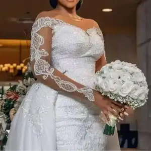 2023 última moda sirena Africana desmontable cola vestido de novia manga larga Retro encaje nupcial cola de pez vestidos de boda nupciales