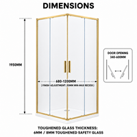 Porte de douche coulissante en verre d'angle dorée, cabine de douche 1950 mm (H) et 680-1200 mm (L), verre trempé, pour hôtel, salle de bain, appartement