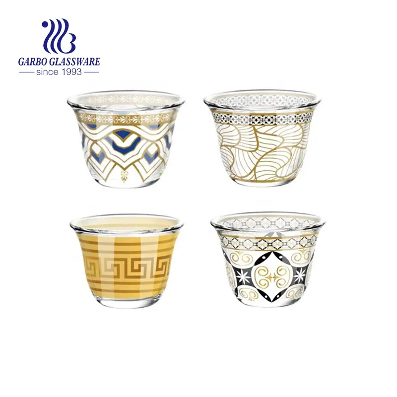 Luxury Ramadan Custom Gold Decal Arab Cawa Glass Cup 55ml 2oz Mini 6pcs 12pcs Tea Coffee Cup Set with Gift Box Glass Cawa Cup