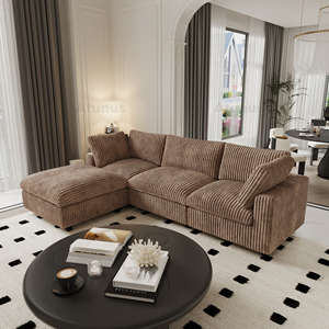 Set <span class=keywords><strong>Sofa</strong></span> ruang tamu bahan korduroi, Set <span class=keywords><strong>Sofa</strong></span> ruang tamu, kain korduroi mewah motif garis tebal 3 dudukan Modular warna coklat Retro Amerika Modern - Product Image 2