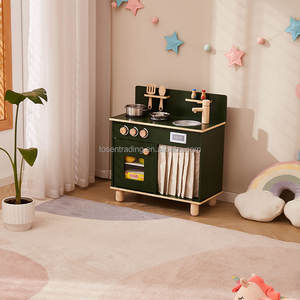 Cuisine de jeu d'intérieur en bois vintage pour tout-petits avec rideau en tissu, cuisinière, évier et affichage de l'horloge, ensemble de cuisine d'imitation haut de gamme - Product Image 1