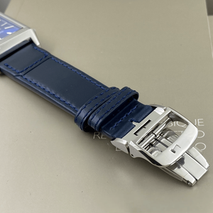 Montre mécanique rectangulaire Art Déco, boîtier en acier poli, cadran bleu, bracelet en cuir véritable, petite seconde, complication - Product Image 5