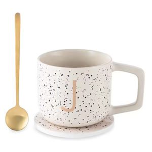 New Design Professional 13.8Oz Personalized Monogram J Dishwasher Safe <b>Coaster</b> and Stir Spoon Set <b>Ceramic</b> Mug - Product Image 2