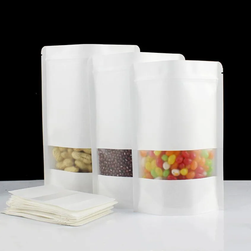 La migliore vendita di carta kraft bianca stand up pouch con finestra per produttore di polvere di farina di snack alimentari