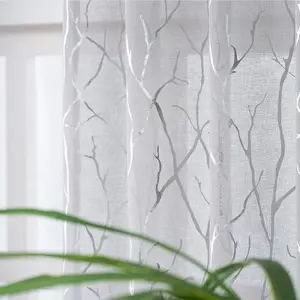 Metalik gümüş ağacı yatak odası gri sırf perdeleri şube desen çubuk cep pencere perdesi panelleri oturma odası