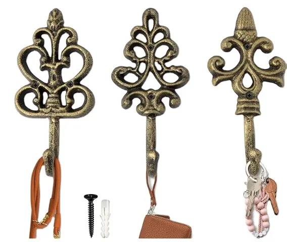 Decorative Wall Hooks Set of 3 Cast Iron French Country Wall Decor Farmhouse Hangers for Coats Purses and More Gold with Black