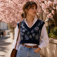 Gilet court sans manches en tricot jacquard floral pour femme, tricoté à la machine, vente en gros, marque privée, commande en gros