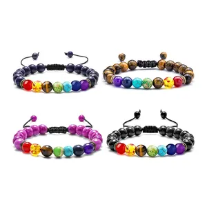 7 Chakra Herren Armband aus geflochtenen Perlen mit Lavast ein Tigerauge Grüne Jade Türkis Heilung Ausgleich runder Yoga-Schmuck