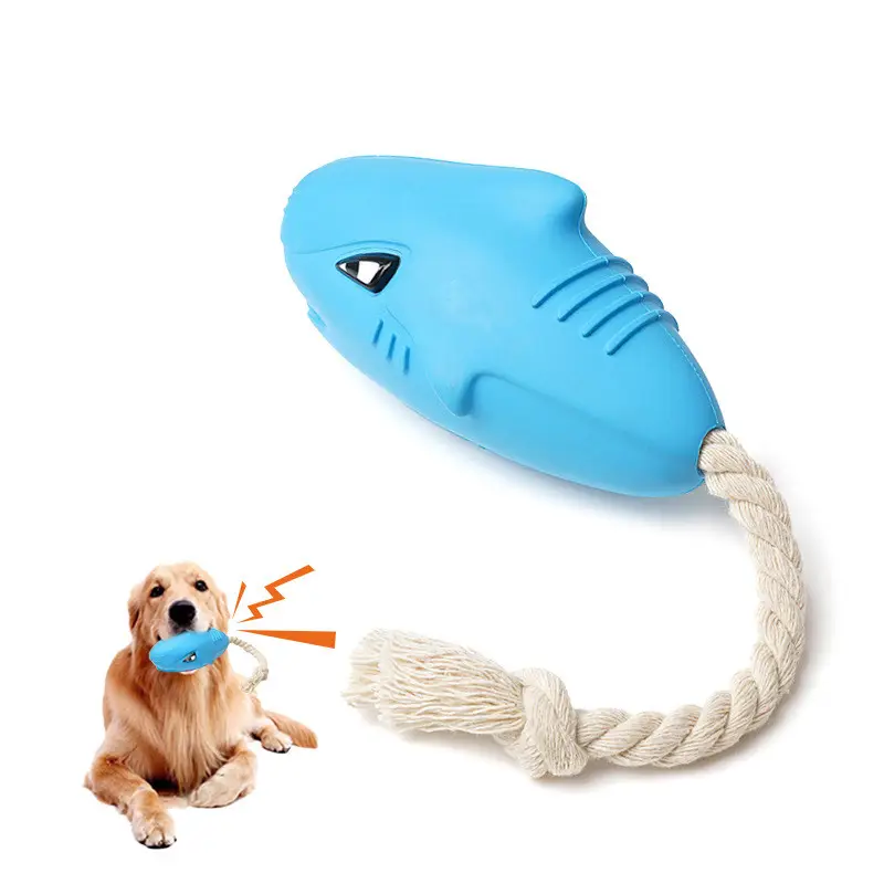 Vendita calda Squeaky Shark gomma Pet masticare giocattoli per cani indistruttibile molare resistente al morso Pew masticare giocattoli striduli con corda