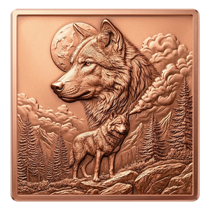 Barra di Rame da Collezione 3D ad Alto Rilievo, 5 oz, 999 Puro, con Lupo e Cucciolo in Foresta, Serie Wolf Pack Moonlight - Product Image 1