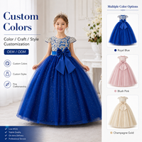 Robe de princesse moelleuse pour filles, robe en maille à nœud à la taille et paillettes pour mariages et concours de beauté, col rond, décoration en dentelle de mousseline