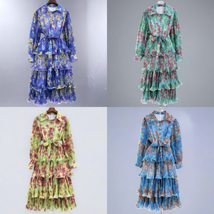 デザイナーズコレクション ボーホー エレガント ミディドレス 花柄 ナチュラルウエスト カジュアル ロング レディース シフォン ラッフル シック クラッシー ワンピース - Product Image 2