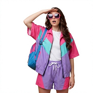 Women <b>Y2K</b> Color Blocking <b>Tracksuit</b> Short Sleeve Zipper Jacket With Shorts Quick Dry Lightweight Summer Wear - Product Image 1