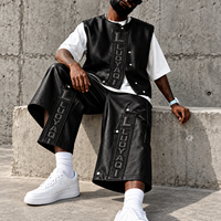 Ensemble streetwear personnalisé en cuir avec patchs, veste zippée, gilet, short et ensemble 2 pièces short en cuir et t-shirt sans manches pour homme