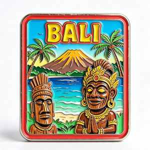 Pin Metálico de Recuerdo de Bali, Forma Rectangular, Esmalte Duro, Diseño de Arte Folclórico, Palmeras, Escena de Montaña, Regalo de Viaje - Product Image 3