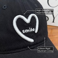 Casquette de baseball personnalisée OEM ODM avec logo, broderie en coton motif cœur souriant, fabricant streetwear, extérieur, faible MOQ, échantillonnage rapide