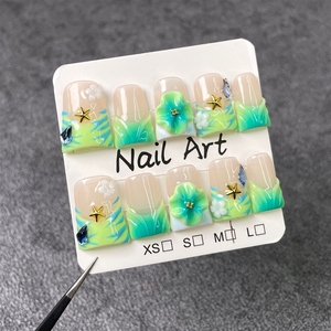 <span class=keywords><strong>Uñas</strong></span> postizas de acrílico de alta calidad, <span class=keywords><strong>pintadas</strong></span> a mano <span class=keywords><strong>con</strong></span> diseño de flor 3D, estilo 'Duck Nail', cortas, de verano, hechas a mano, al por mayor. - Product Image 2