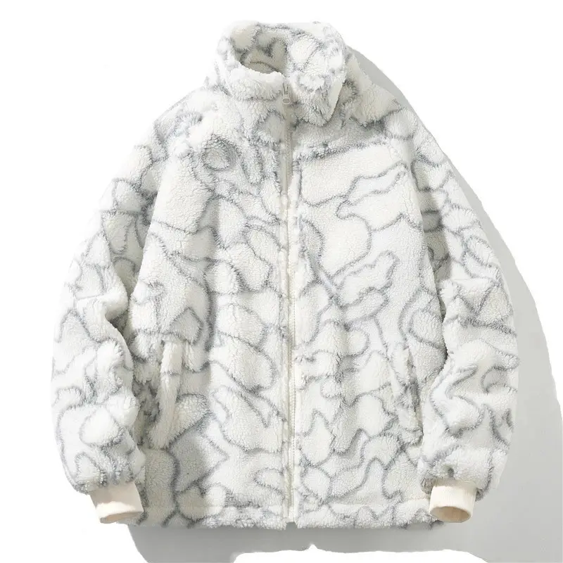 Giacca in pile granulare di lana di agnello con colletto alla coreana con stampa a inchiostro personalizzata Sherpa