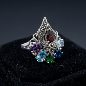 <span class=keywords><strong>Bague</strong></span> de cocktail vintage en <span class=keywords><strong>argent</strong></span> avec <span class=keywords><strong>marcassite</strong></span> <span class=keywords><strong>et</strong></span> pierres précieuses multicolores, motif floral, pour femme, bijoux de fête - Product Image 2