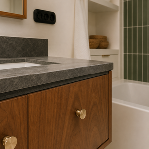 Mueble de <span class=keywords><strong>Baño</strong></span> Flotante de Madera de Nogal Estilo <span class=keywords><strong>Bauhaus</strong></span> Moderno de Mediados de Siglo, Personalizado, Montado en la Pared con Lavabo de Encimera de Piedra - Product Image 3