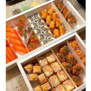 Grosir kemasan makanan kotak kardus Sushi Logo kustom dicetak kotak Sushi sekali pakai bawa pulang kotak Sushi dengan divisi