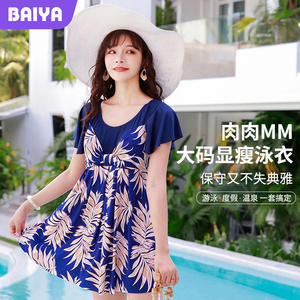 Traje de Baño Enterizo Estampado de Talla Grande Baiya, Color Azul Oscuro, Estilo Conservador para Mujer, Ideal para Vacaciones - Product Image 1