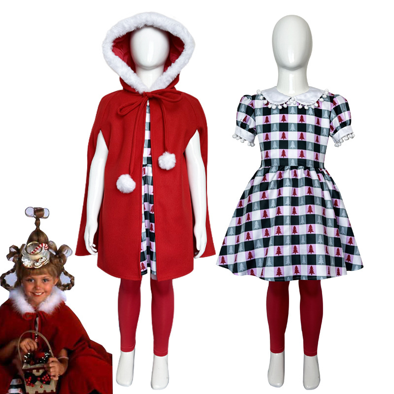Anime Cindy Lou Cosplay Costume - Red Plaid Dress & Cloak