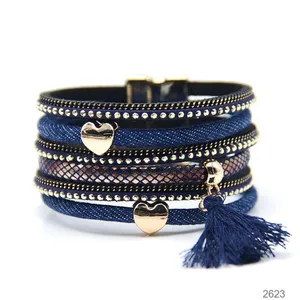 ZG-60 Wholesale Women Fashion Hand Jewelry Magnetic Clasp Handmade Multi Layers Heart Fabric Tassel Leather Wrap Bracelet