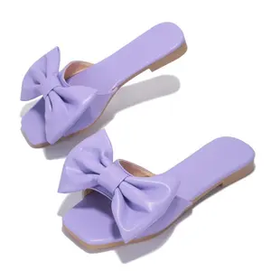 Factory Wholesale Plus Size Fashion Purple Summer Ladies Mules Shoes Simple Cute Bow Slippers Casual Party Flat Sandals