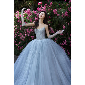 <b>Blue</b> Evening Gown Sweetheart Neckline Empire Waist <b>Glitter</b> Tulle Dress For Coming Of Age Ceremony - Product Image 4