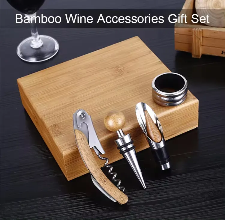 Ouvre-vin en bois Coffret cadeau Ouvre-bouteille de vin Tire-bouchon dans verseur Boîte en bois Accessoires de vin Coffret cadeau avec bambou