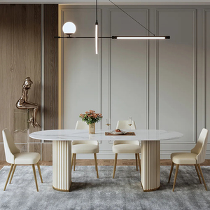 Mesa de Comedor Ovalada de Madera de Estilo Moderno Crema de 63 Pulgadas, Tablero de Piedra Sinterizada de 12 mm, Fácil de Limpiar, Ideal para 4-6 Personas - Product Image 1