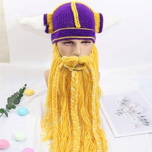 Chapeau drôle de Viking avec barbe et cornes, bonnet tricoté WJI09, masque de casque de guerrier barbare, bonnet chaud d'hiver pour hommes, fête, carnaval, cosplay - Product Image 2