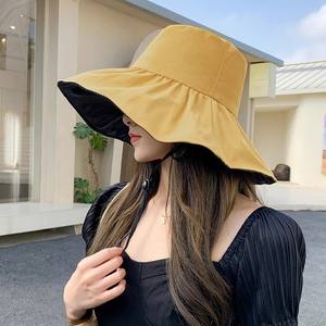 Women's <b>Summer</b> Sun <b>Hat</b> <b>Straw</b> Woven Anti-Ultraviolet Bucket <b>Hat</b> with Big Brim Seaside Black Glue Breathable Visor for Children - Product Image 4
