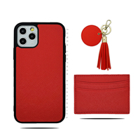 Ensemble cadeau en cuir PU, porte-cartes en cuir, porte-clés à pompon rond rose, étui de téléphone en cuir Piel Cuero pour iPhone 13 Pro