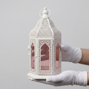 Manufacturers Popular White Metal Moroccan <b>Candle</b> <b>Lantern</b> with Rose Gold Glass for Ramadan and Weddings - Product Image 3