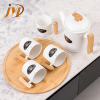 Middle East <strong>Best</strong>-<strong>selling</strong> White Black Dark Blue Teapot and <strong>Cups</strong> Gift <strong>Set</strong> Ceramic Tea <strong>Sets</strong> With Wood Handle Tray