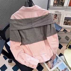 Chemise rayée <span class=keywords><strong>en</strong></span> tricot patchwork deux pièces <span class=keywords><strong>pour</strong></span> <span class=keywords><strong>femme</strong></span> - Printemps/Automne - Rose - Coupe ajustée - Style universitaire - Product Image 1
