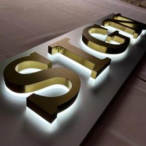 Nhà Máy Tùy Chỉnh Vàng Chải Thép Không Gỉ Cử<span class=keywords><strong>a</strong></span> Hàng Thương Hiệu Tên Thư 3D Backlit LED Biểu Tượng Dấu Hiệu Không Thấm Nước Thân Thiện Với Môi - Product Image 6