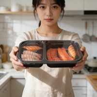 Conteneur alimentaire jetable en plastique à 2 compartiments, base noire, couvercle transparent, micro-ondable, boîte à bento, prix de gros usine