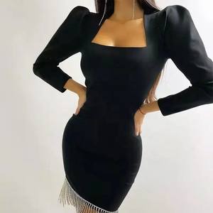 Vente en gros de vêtements pour femmes robe de banquet formelle à manches longues et col <span class=keywords><strong>carré</strong></span> robe courte sexy à franges noire pour dames soirée - Product Image 3