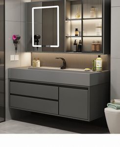 Mueble de baño moderno de pared con espejo LED, lavabo de cerámica, gabinete de MDF gris oscuro de 60 pulgadas, diseño contemporáneo - Product Image 1