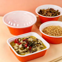 Bol jetable en PP pour plats à emporter avec couvercle transparent haut rouge et orange, récipient alimentaire blanc anti-brûlure